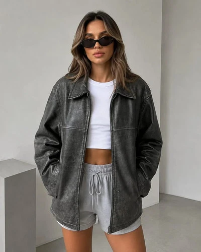 Genuine Sheep Leather Jacket Women, Oversized Distressed Grey Leather - product listing photo