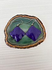 Vintage Chunky Geometric Wavy Purple Dangle Earrings 80s Glam Enamel