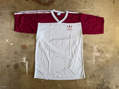 80s VINTAGE ADIDAS V-NECK TREFOIL BLANK, PLAIN GRAY RINGER T-SHIRT