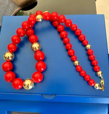 Vintage Acrylic Graduated Chunky Red Gold Bead Necklace