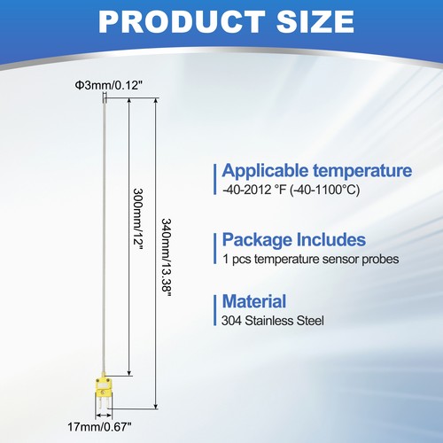 K-Type Thermocouple Temperature Sensor Probes, -40-2012 °F Probe 0.12x11.81 in - Afbeelding 2 van 6
