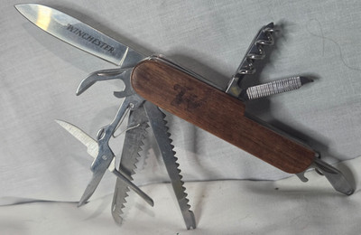 Vtg Winchester 11 Function Multi-tool Pocket Knife Wood Handle w/Saw & Scissors