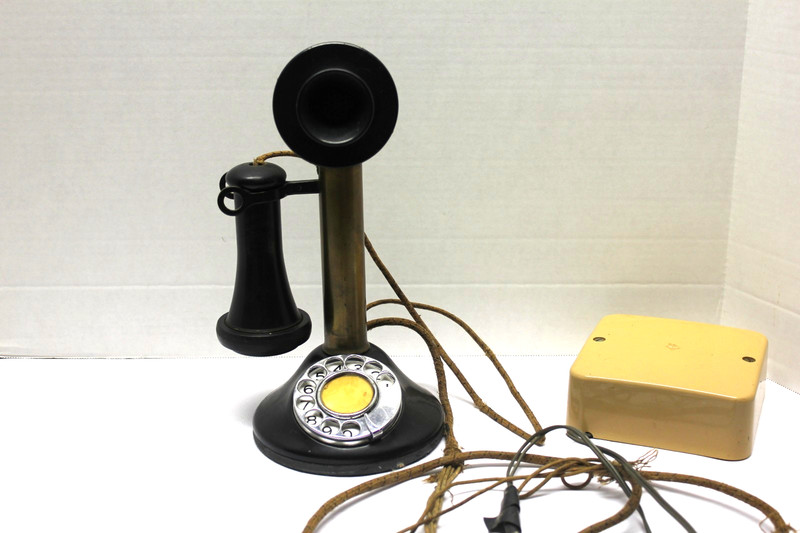 Antique Western Electric Candlestick Black & Brass Rotary Dial Phone & Ear Piece