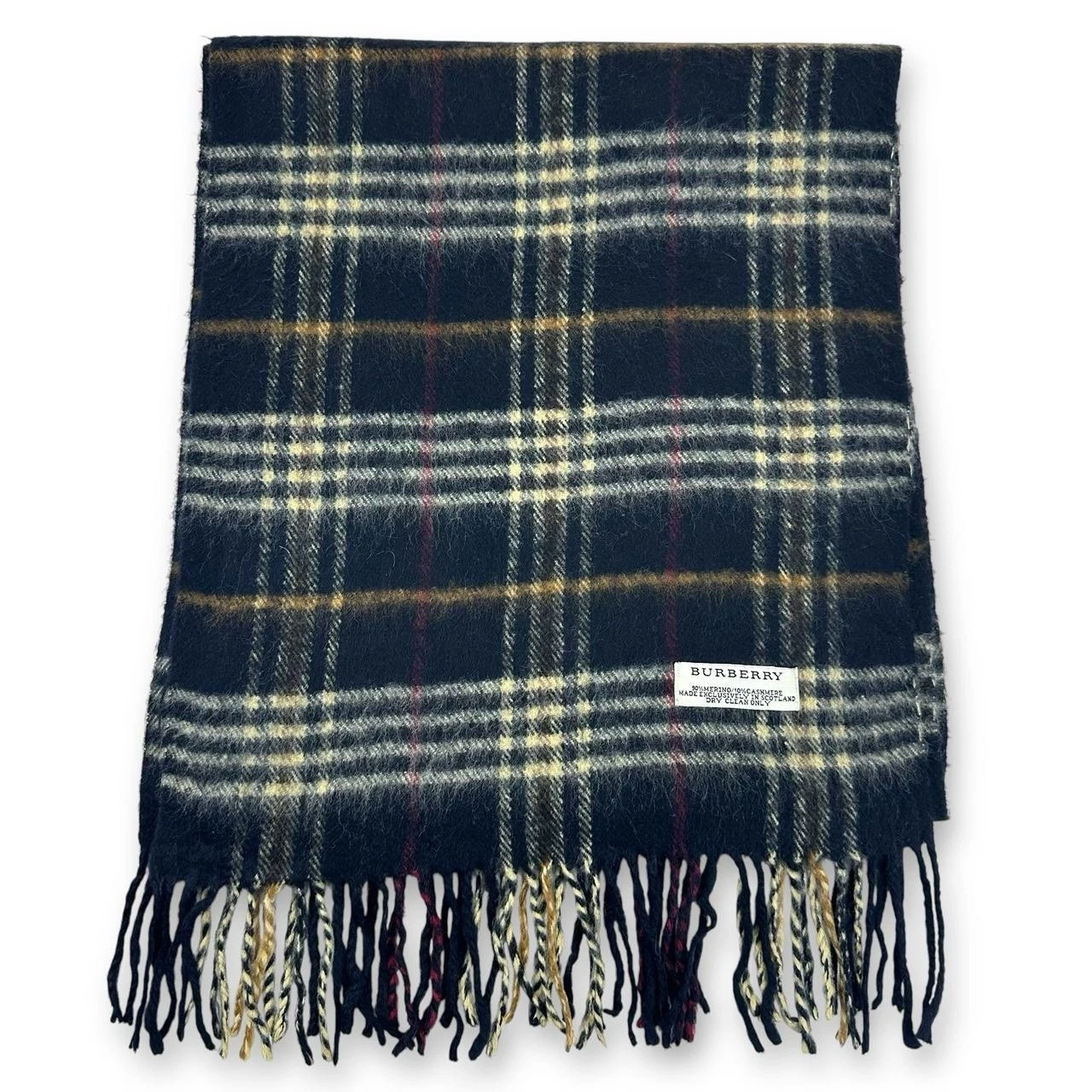 Vintage Burberry Cashmere & Merino Wool Checked Scarf, Black Cream Tan Red (A20)