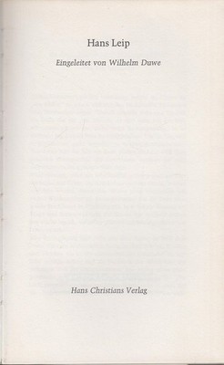 Hans Leip. Hamburger Bibliographien Band 1 Eingeleitet von Wilhelm Duwe. Freien 