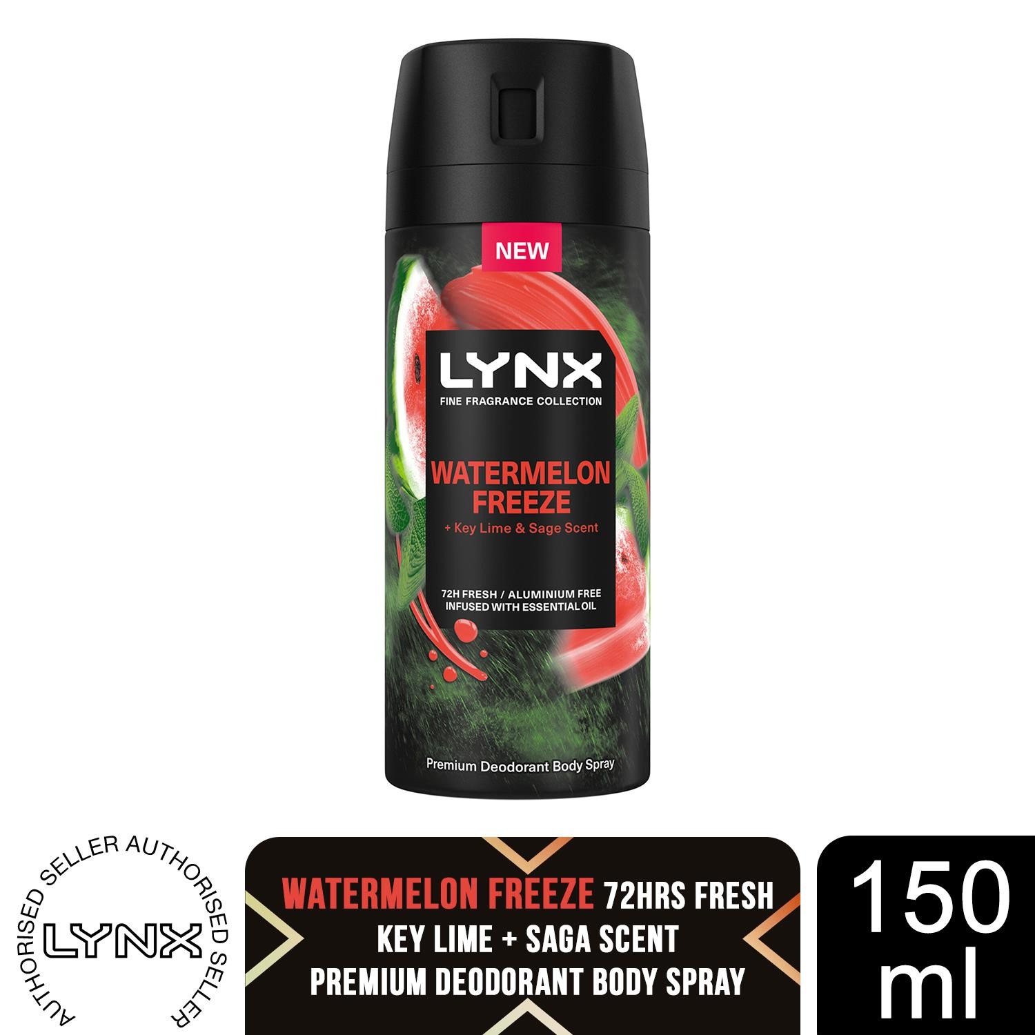 Lynx Fine Fragrance Watermelon Freeze Body Spray 150ml Mens Deodorant 72H Fresh