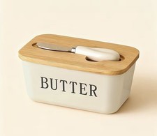 Ceramic Butter Dish with Wooden Lid & Knife, Rectangular, Black White Beige