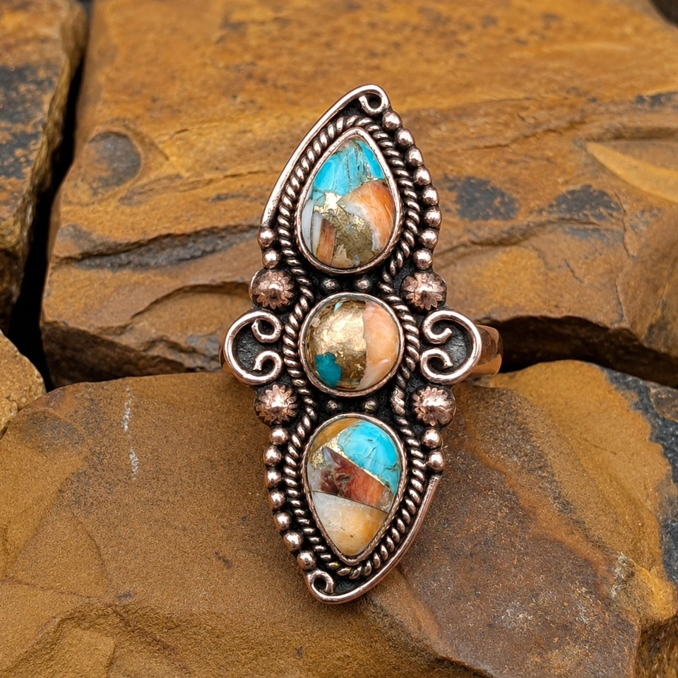 Anillo de 3 piedras turquesa ostra espinosa cobre macizo talla 7 vaquera suroeste Foto 1 de 4