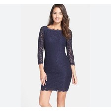 Adrianna Papell Lace Scalloped Sheath Dress Dark Blue Size 4