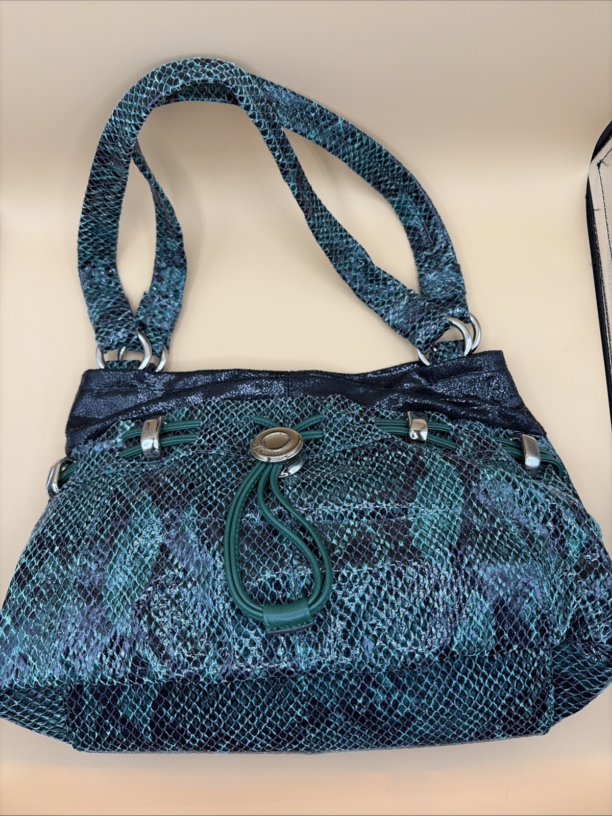 B Makowsky Green Python Print Leather Double Hand… - image 4