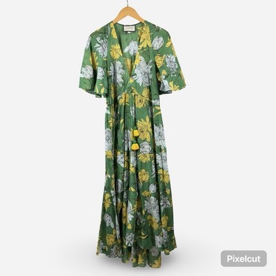 Alexis Maxi Dress Meidum Green Floral High Low Short Sleeve V Neck Tassel Sheer