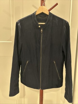 ZARA Men s Faux Suede Navy Blue Jacket Zip Front Moto Bomber Style Size Small