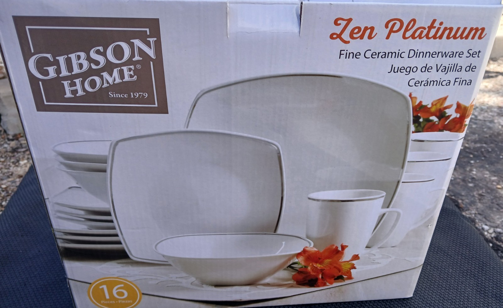 Gibson Home Zen Platinum 16 Piece Stoneware Set-Square-White