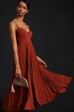 BY ANTHROPOLOGIE Romantic Rust Red Sweetheart Bodice Pleated Midi Dress ~ XS