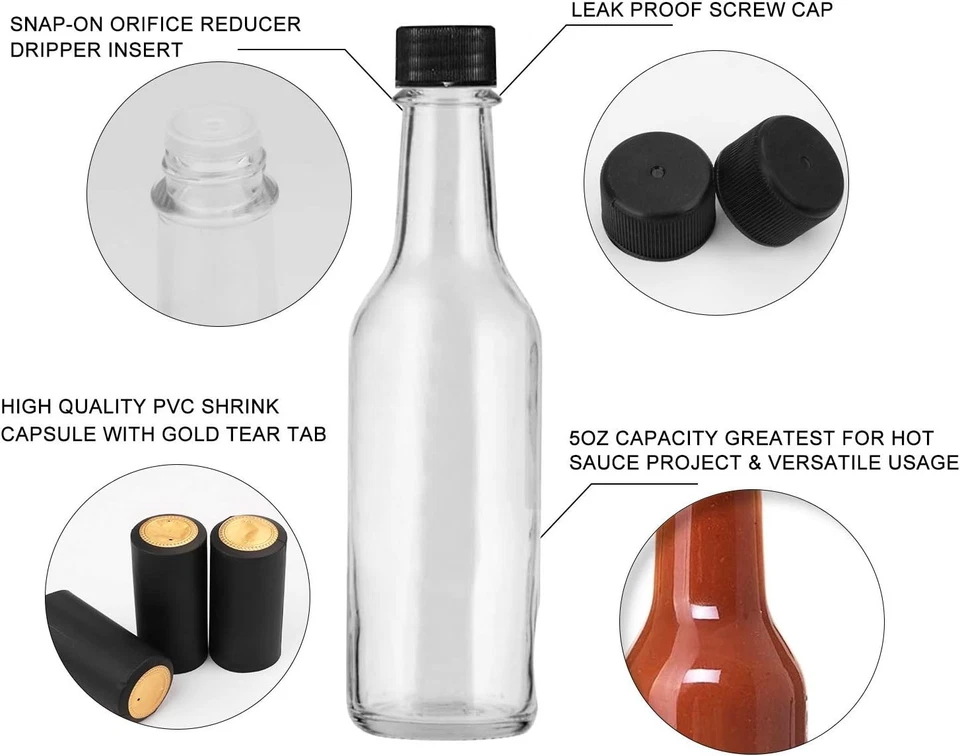 35 Pack 5oz Hot Sauce Bottles with Lids,Glass Woozy Bottles with Dripper Inserts - Image 4 of 4