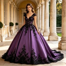 Purple Satin Black Lace Applique Evening Dress Cap Sleeve V‑Neck Prom Ball Gowns