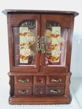 `Large Vintage Wooden Jewelry Box Armoire - Stained Glass Doors - Pink Lined