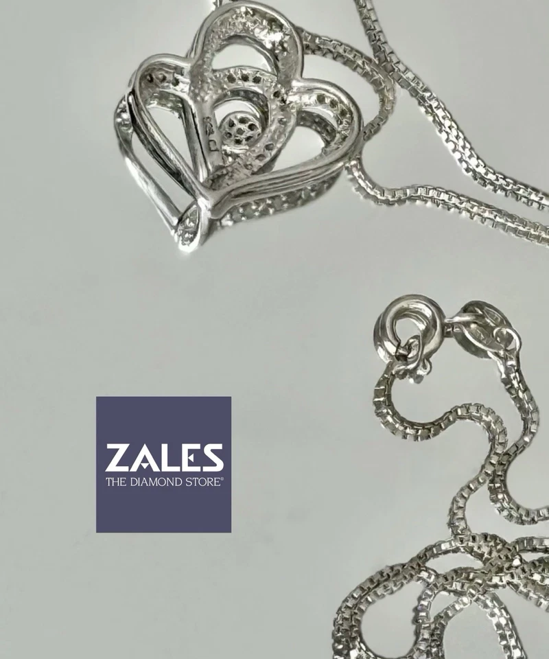 VTG ZALES .20ct DIAMOND Heart Pendant Necklace Sterling Silver 925 19.75in Italy - Image 3 of 4