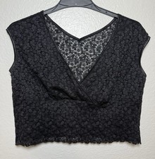 Black Lace Floral Sleeveless Cropped V-Neck Sheer Lightweight Tank Top Women M