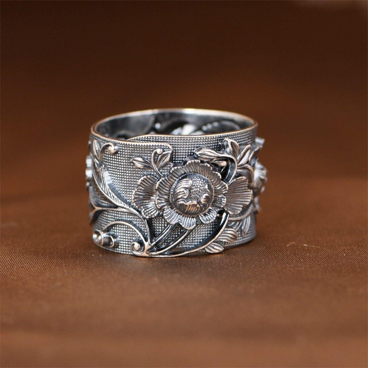 Pure 999 Fine Silver Band Men Women Lucky Retro Carved Peony