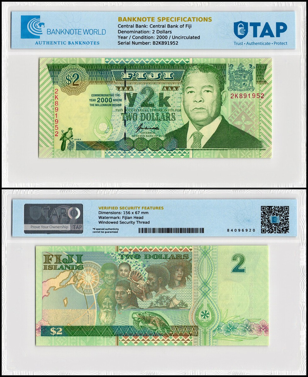 Fiji 2 Dollars, 2000, P-102, UNC, Commemorative, Authenticated 