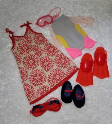 OG American Girl Doll Red Sun Dress Swimsuit Sleeping Mask Slippers Lot Set 