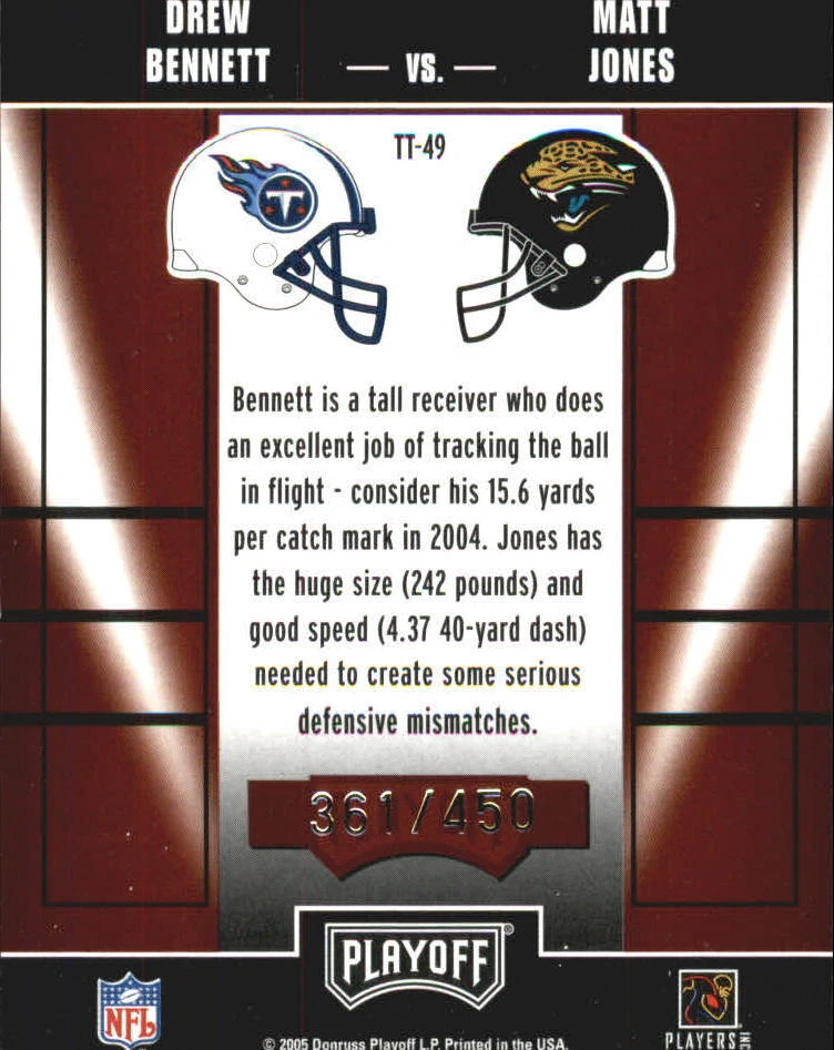 2005 Playoff Contenders Toe to Toe #49 Drew Bennett/Matt Jones/450 - NM-MT - Image 2 of 2