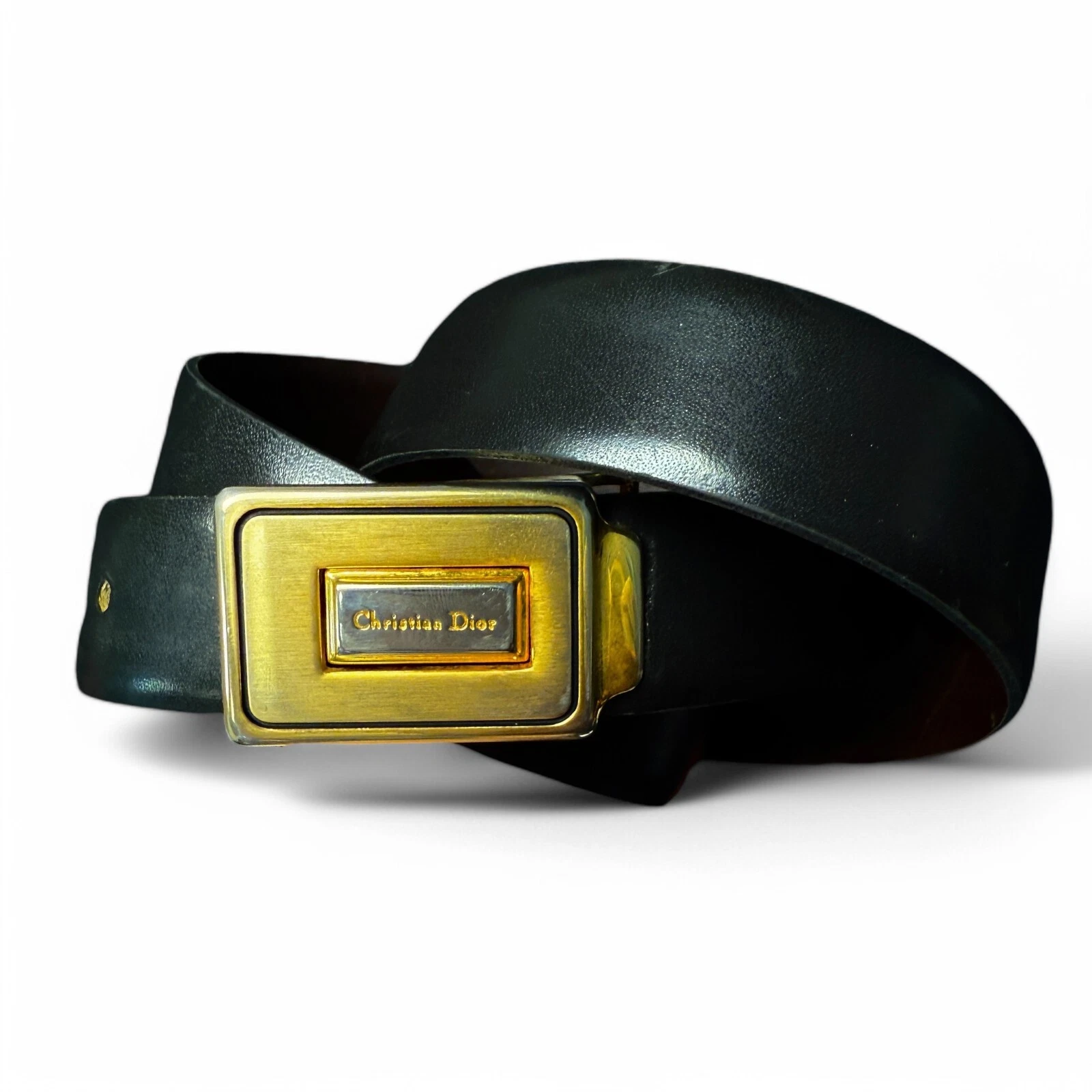 Authentique ceinture Christian Dior cuir marron noir boucle dorée double face 37 pouces