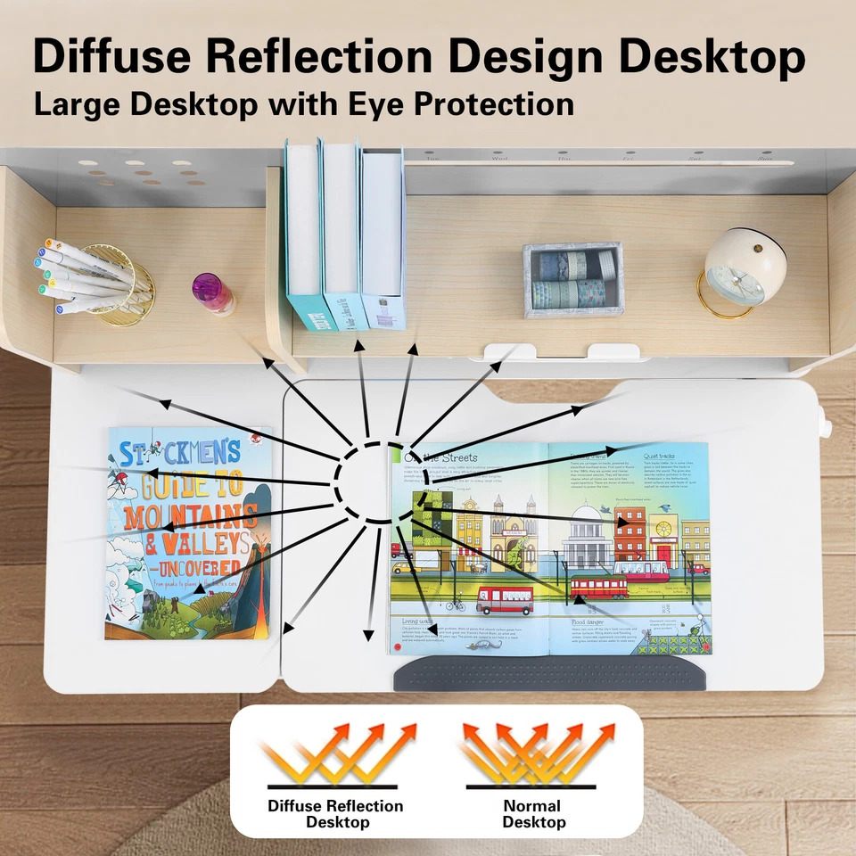 Mesa de estudo infantil ajustável em altura cinza mesa ergonômica menina menino com gaveta, prateleira - Imagem 4 de 4