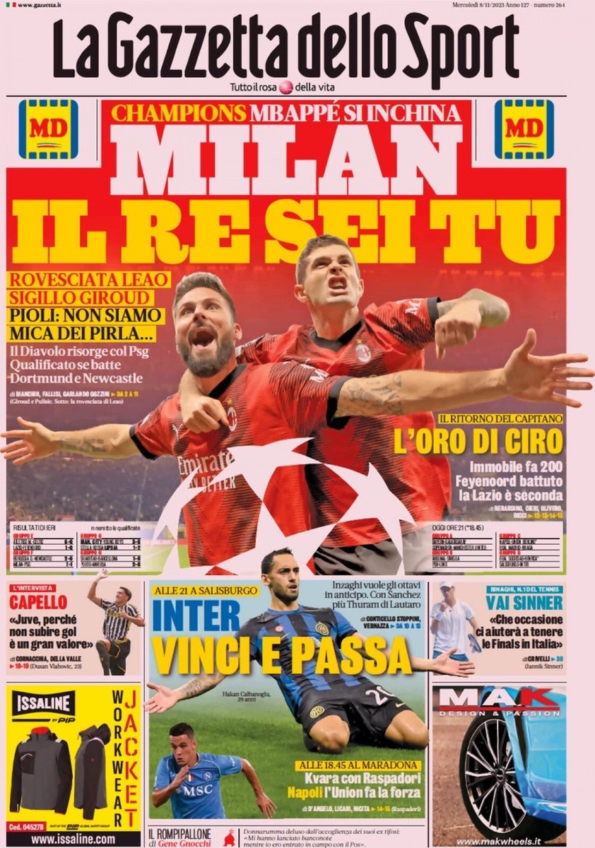 La prima pagina della Gazzetta di oggi: 🦁 MILAN DA LEONI