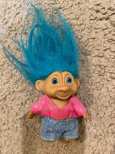 Vintage 1990s Russ Troll Doll 5" Blue Eyes and Blue Hair Toy Summer Clothes