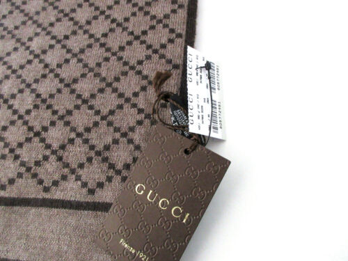 NEW GUCCI 347965 UNISEX 100% WOOL DIAMANTE REVERSIBLE BROWN/TAN SCARF MUFFLER - Picture 3 of 6