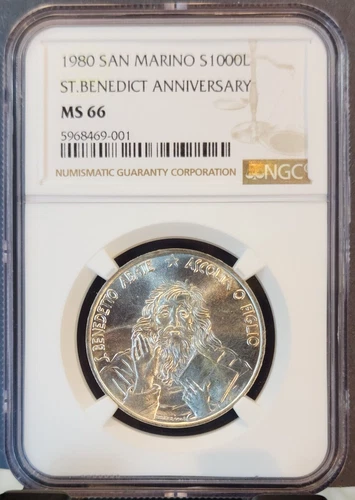 1980 SAN MARINO SILVER 1000 LIRE SAINT BENEDICT ANNIVERSARY NGC MS 66 GEM BU