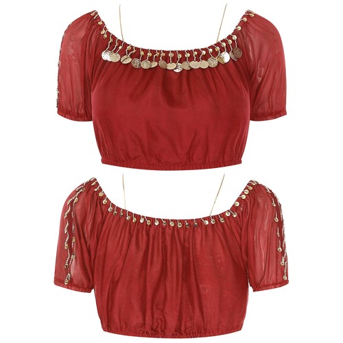 Mujeres Danza del Vientre Mangas Abullonadas Prendas para el torso Dobladillo Elástico Top Corto Baile Blusa Camisa - Imagen 34 de 108