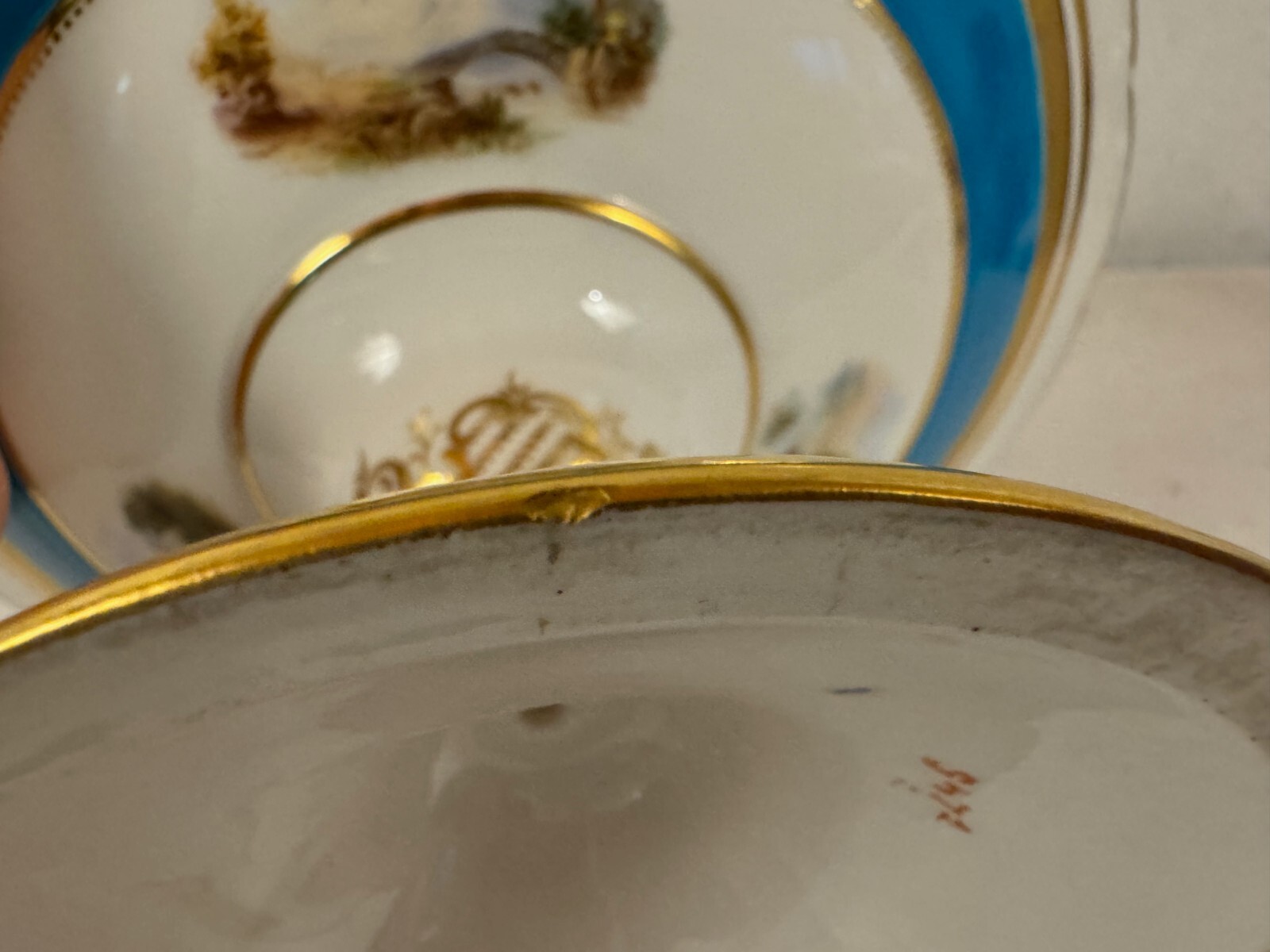 Antique Minton Porcelain Compote Blue Gold & Painted Landscape Scenes Decoration