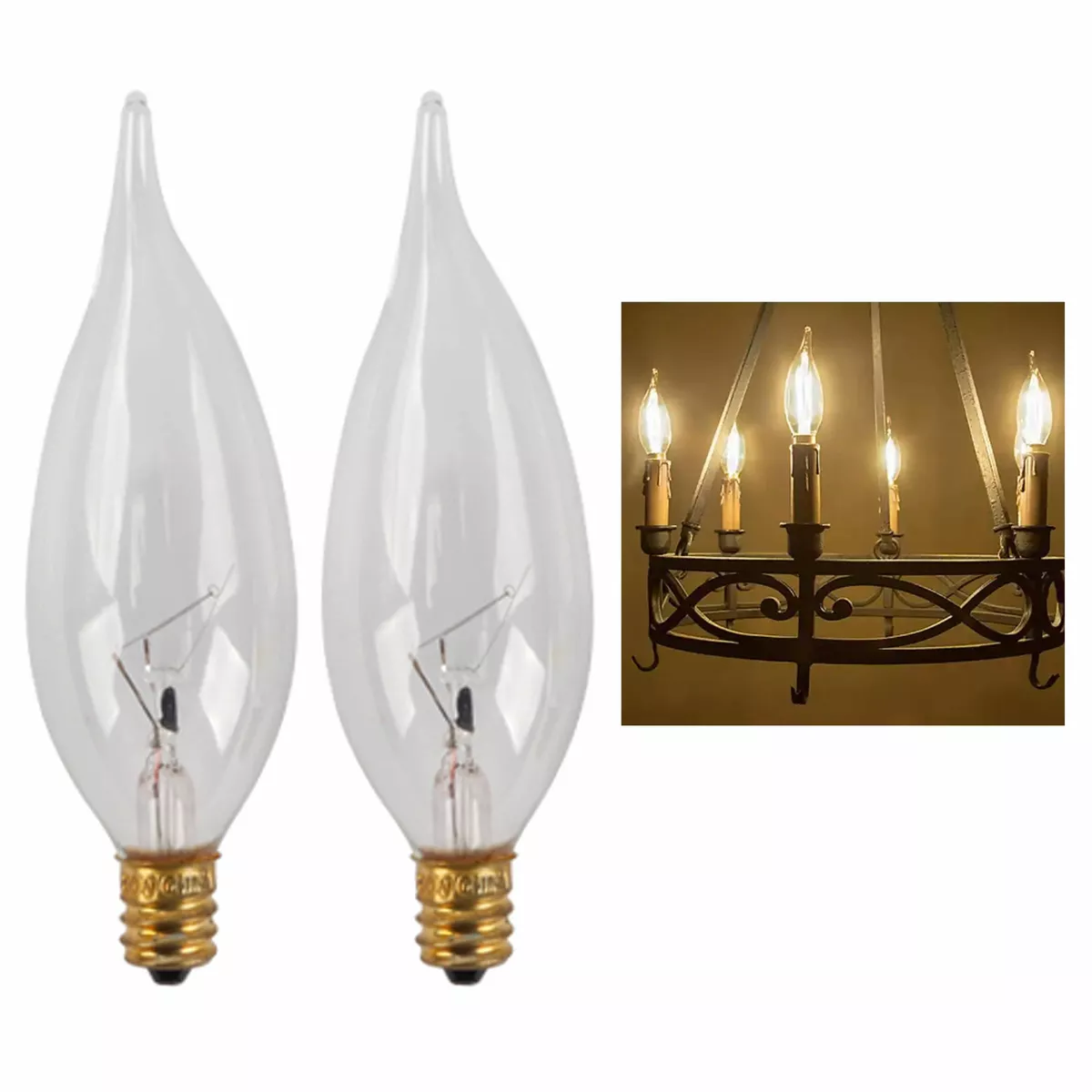 2 X Clear 40 Watt Light Bulbs Candelabra Base Lamp Flame Tip Chandelier 40W 120V