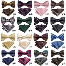 Mens Bow Tie Paisley Striped Solid Plaids Pre-tied Bowtie Hanky Cufflinks
