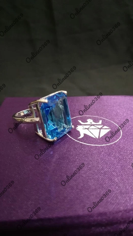 14k White Gold Plated Men's 925 Silver Classic Ring Simulated Swiss Blue Topaz - Image 2 of 4