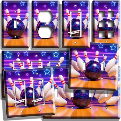 NEON STARS BOWLING ALLEY BALL PINS STRIKE LIGHT SWITCH OUTLET PLATE HD ART DECOR