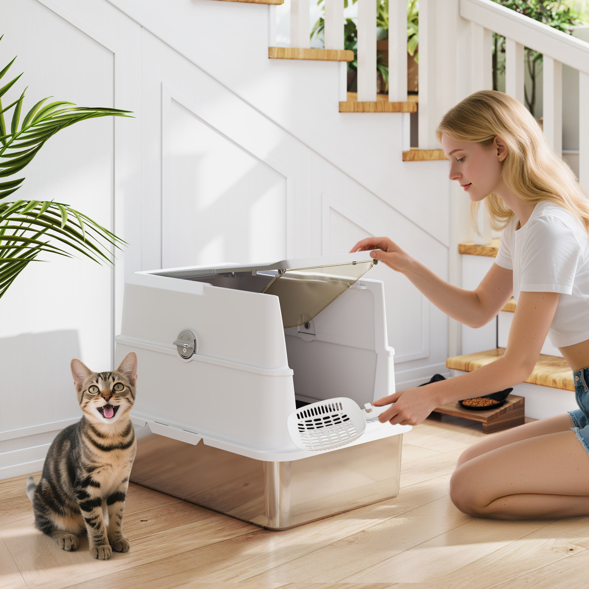 PawHut Extra Large Stainless Steel Cat Litter Tray with Scoop| Flip Top view 2