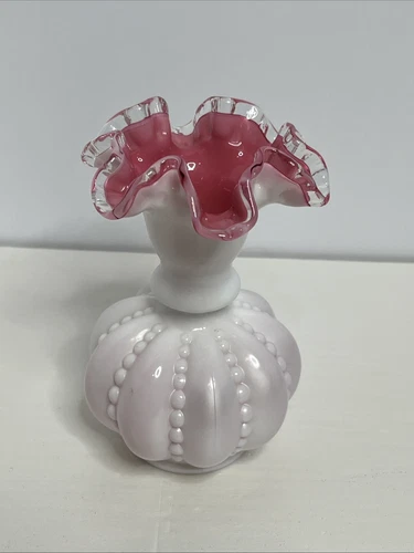 Vintage Fenton Ruffle Edge Variegated Pink Milk Glass Bead Melon Vase