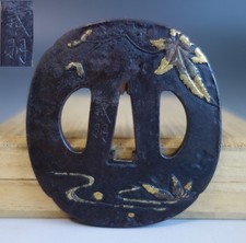 Tsuba guard Yoshiaki sign Tatsuta river maple leaf inlay Samurai Sword fitting
