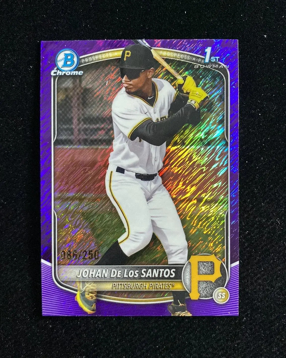 2025 Bowman Chrome Purple Shimmer Prospects Johan De Los Santos 1st 86/250 LXFS