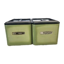 Retro Masterware Avocado Green Metal Canister Set 2 Coffee Tea w/ Lids