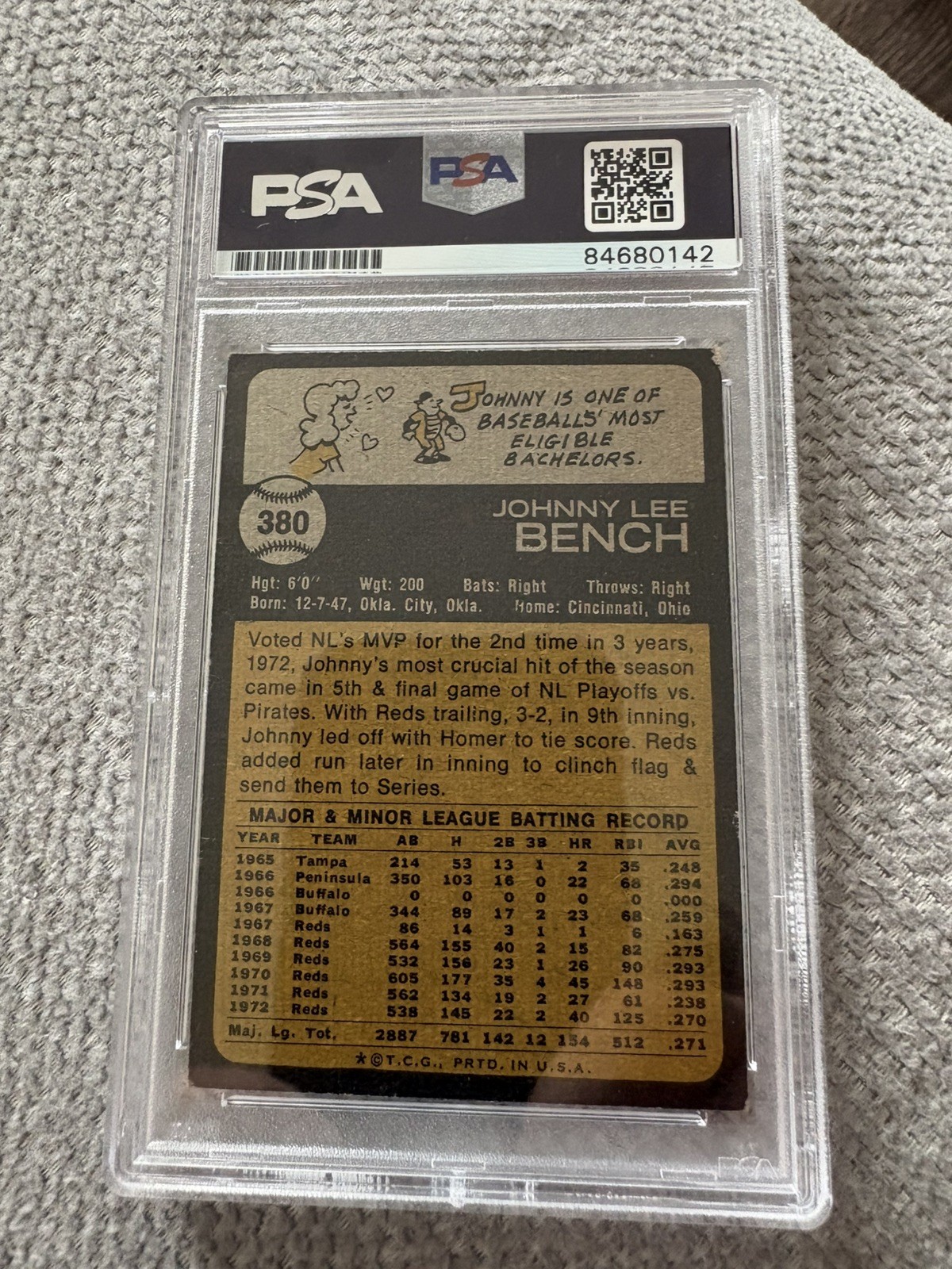 1973 Johnny Bench Signed/Autographed Topps #380 PSA/DNA 172998