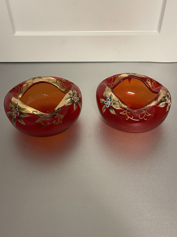 Vintage Arco Japan Orange/Red Ashtray Glass Hand Painted Floral  Lot of 2