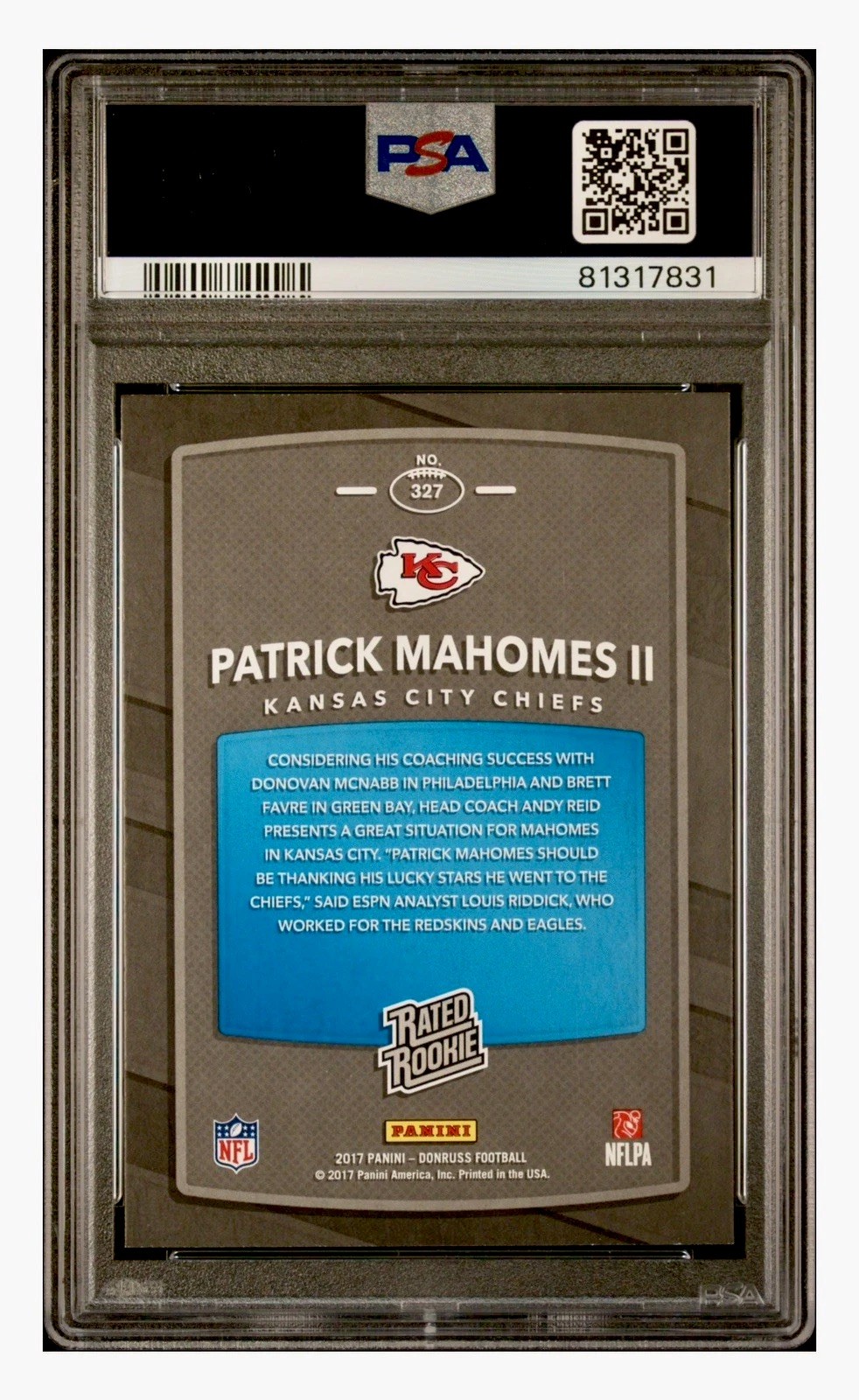2017 Panini Donruss - Patrick Mahomes II - Rated Rookie#327 (RC) PSA 8 KC Chiefs view 2