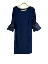 Lauren Ralph Laure Womens 14 Navy Blue Bell Sleeve Ruched Slinky Dress