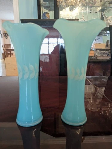Pair of Antique Fenton Hand Painted Laurel Persion Blue Vases 1915 (RARE)