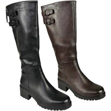 Wide Calf Boots Ladies Faux Leather Comfy Lined Zip Rider Shoes Womens Sizes New